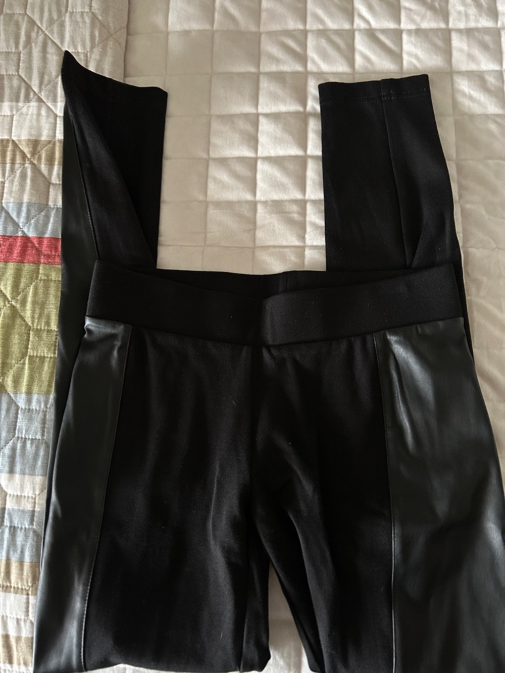 Black Womens Ponte Leggings with Faux Leather Panels